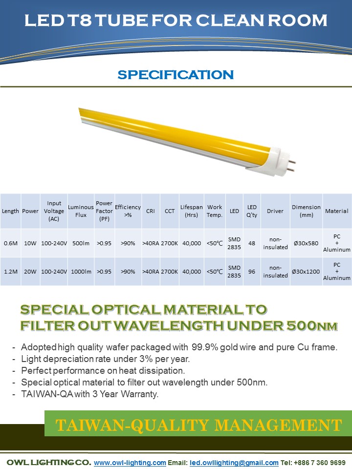 LED T8 TUBE FOR CLEAN ROOM